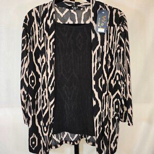 Black & Beige Tribal Print Chiffon Cardigan with Tank Set